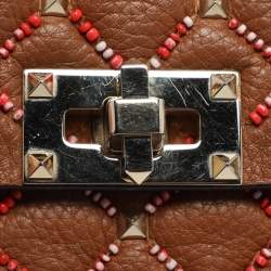 Pre Owned Valentino Rockstud Spike Medium Brown Leather Top Handle Bag