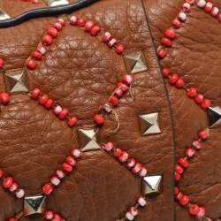 Pre Owned Valentino Rockstud Spike Medium Brown Leather Top Handle Bag