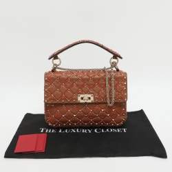 Pre Owned Valentino Rockstud Spike Medium Brown Leather Top Handle Bag