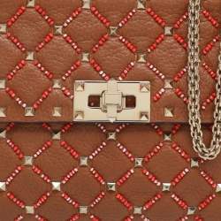 Pre Owned Valentino Rockstud Spike Medium Brown Leather Top Handle Bag