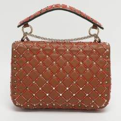 Pre Owned Valentino Rockstud Spike Medium Brown Leather Top Handle Bag