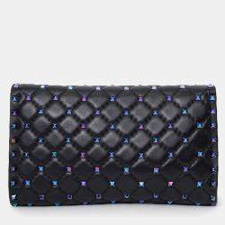 Pre Owned Valentino Black Lambskin Oil Slick Rockstud Spike Wallet on Chain