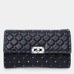 Pre Owned Valentino Black Lambskin Oil Slick Rockstud Spike Wallet on Chain