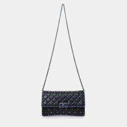 Pre Owned Valentino Black Lambskin Oil Slick Rockstud Spike Wallet on Chain