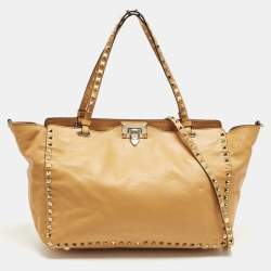 Pre Owned Valentino Rockstud Trapeze Medium Mustard Leather Tote
