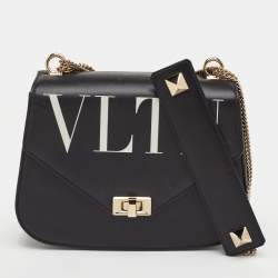 Pre Owned Valentino VLTN Black Leather Flap Chain Shoulder Bag