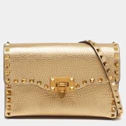 Pre Owned Valentino Rockstud Small Gold Leather Crossbody Bag