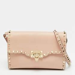 Pre Owned Valentino Rockstud Flap Pink Leather Crossbody Bag