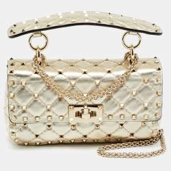 Pre Owned Valentino Rockstud Spike Chain Small Gold Quilted Leather Shoulder Bag