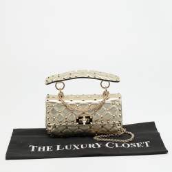 Pre Owned Valentino Rockstud Spike Chain Small Gold Quilted Leather Shoulder Bag