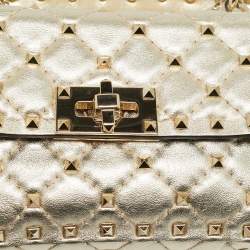 Pre Owned Valentino Rockstud Spike Chain Small Gold Quilted Leather Shoulder Bag