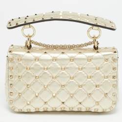 Pre Owned Valentino Rockstud Spike Chain Small Gold Quilted Leather Shoulder Bag