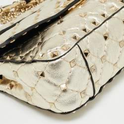 Pre Owned Valentino Rockstud Spike Chain Small Gold Quilted Leather Shoulder Bag