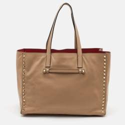 Pre Owned Valentino Rockstud Beige Leather Tote