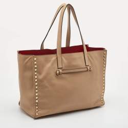 Pre Owned Valentino Rockstud Beige Leather Tote
