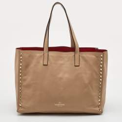 Pre Owned Valentino Rockstud Beige Leather Tote