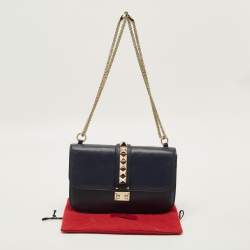 Pre Owned حقيبة فالنتينو جلد أزرق بحري قلاب مرصع روكستد قفل غلام متوسطة