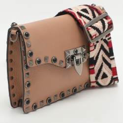 Pre Owned Valentino Rolling Rockstud Peach Leather Guitar Strap Crossbody Bags