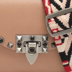 Pre Owned Valentino Rolling Rockstud Peach Leather Guitar Strap Crossbody Bags