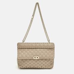 Pre Owned حقيبة يد فالنتينو روكستود سبايك كبيرة جلد كيلتد بودر وردية