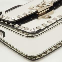 Pre Owned Valentino Rockstud Silver Leather Flap Shoulder Bag