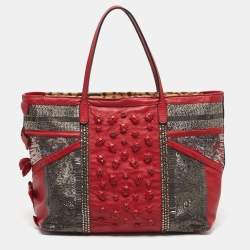 Pre Owned Valentino Red Leather Sequins and Crystals Zip Shopper Tote