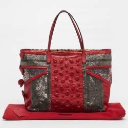 Pre Owned Valentino Red Leather Sequins and Crystals Zip Shopper Tote