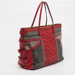 Pre Owned Valentino Red Leather Sequins and Crystals Zip Shopper Tote