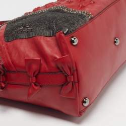 Pre Owned Valentino Red Leather Sequins and Crystals Zip Shopper Tote