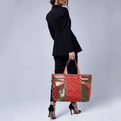 Pre Owned Valentino Red Leather Sequins and Crystals Zip Shopper Tote