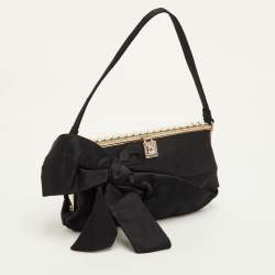 Pre Owned Valentino Bow Satin Crystals Embellished Frame Baguette Bag
