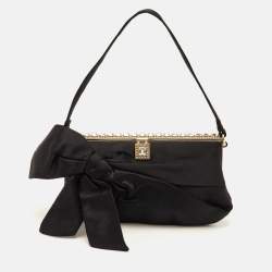 Pre Owned Valentino Bow Satin Crystals Embellished Frame Baguette Bag