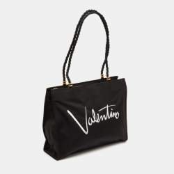 Pre Owned Valentino Garavani Sport Rope Handle Black Canvas Logo Embroidered Tote