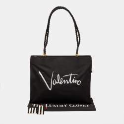 Pre Owned Valentino Garavani Sport Rope Handle Black Canvas Logo Embroidered Tote