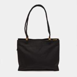 Pre Owned Valentino Garavani Sport Rope Handle Black Canvas Logo Embroidered Tote