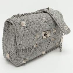 Pre Owned Valentino Roman Stud Silver Crochet Shoulder Bag