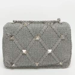 Pre Owned Valentino Roman Stud Silver Crochet Shoulder Bag
