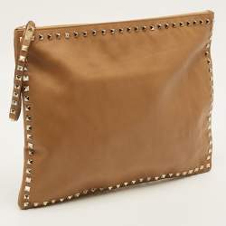 Pre Owned Valentino Rockstud Brown Leather Wristlet Clutch