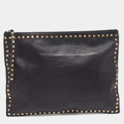 Pre Owned Valentino Rockstud Black Leather Wristlet Clutch