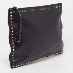Pre Owned Valentino Rockstud Black Leather Wristlet Clutch