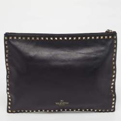 Pre Owned Valentino Rockstud Black Leather Wristlet Clutch