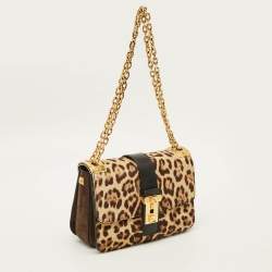 Pre Owned Valentino B-Rockstud Medium Brown/Beige Leopard Print Calfhair and Suede Shoulder Bag