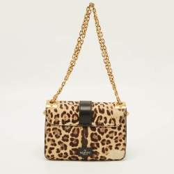 Pre Owned Valentino B-Rockstud Medium Brown/Beige Leopard Print Calfhair and Suede Shoulder Bag