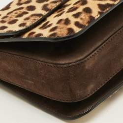 Pre Owned Valentino B-Rockstud Medium Brown/Beige Leopard Print Calfhair and Suede Shoulder Bag