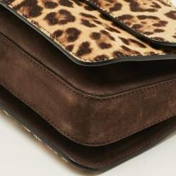 Pre Owned Valentino B-Rockstud Medium Brown/Beige Leopard Print Calfhair and Suede Shoulder Bag