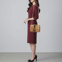 Pre Owned Valentino B-Rockstud Medium Brown/Beige Leopard Print Calfhair and Suede Shoulder Bag