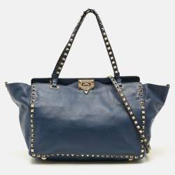 Pre Owned Valentino Rockstud Trapeze Medium Navy Blue Leather Tote