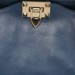 Pre Owned Valentino Rockstud Trapeze Medium Navy Blue Leather Tote