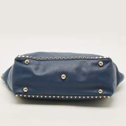 Pre Owned Valentino Rockstud Trapeze Medium Navy Blue Leather Tote