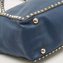 Pre Owned Valentino Rockstud Trapeze Medium Navy Blue Leather Tote